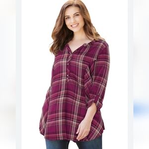 J. Jill Plaid Magenta Button Lace Trim Long Sleeve Shirt Top Medium Tall